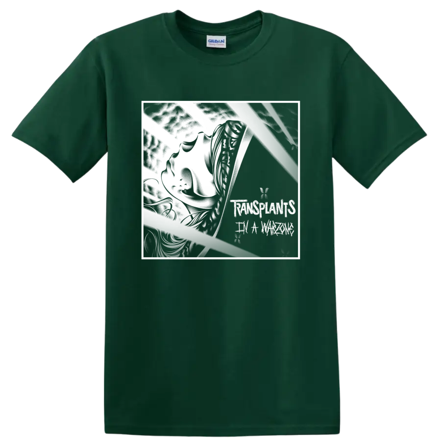 Transplants punk rock graphic with bold angular black-and-white emblem on a Forest Green T Shirt