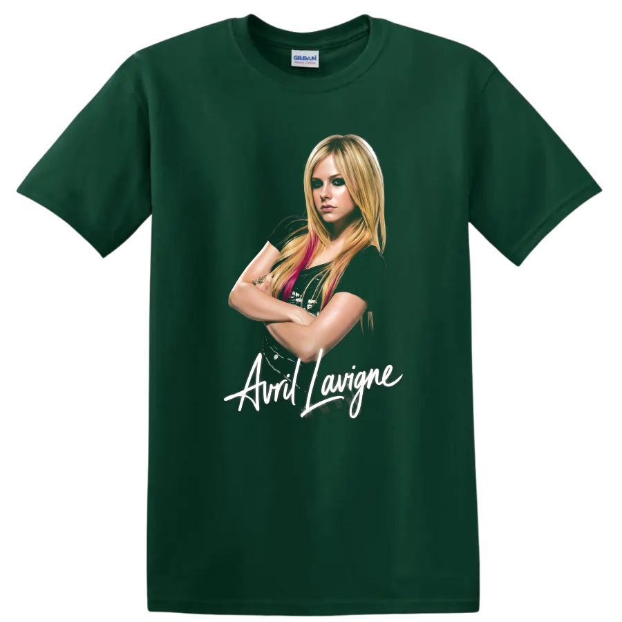 Avril Lavigne pop art portrait with white script lettering on a Forest Green T Shirt