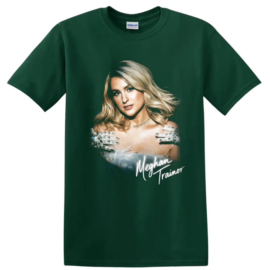 Meghan Trainor glamorous pop star portrait with script lettering on a Forest Green T Shirt