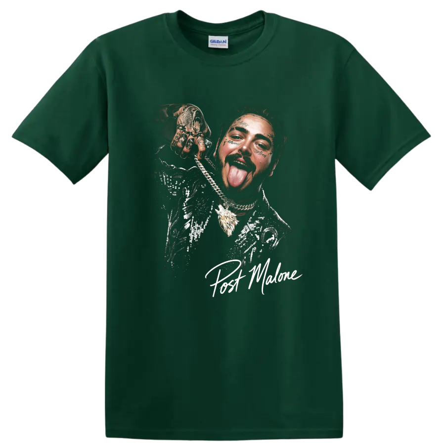 Post Malone stylized halftone portrait with chains and facial tattoos on a Forest Green T Shirt