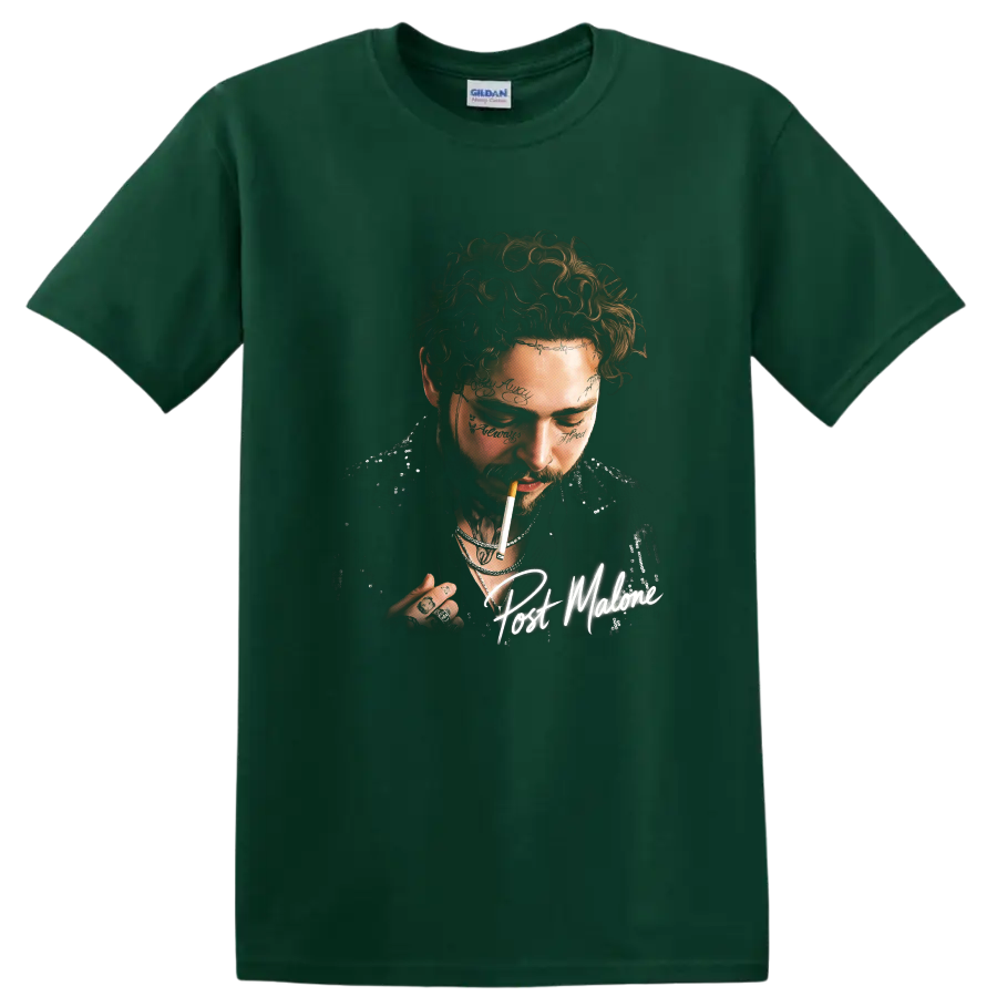 Post Malone portrait with handwritten signature, curly hair, and facial tattoos on a Forest Green T Shirt