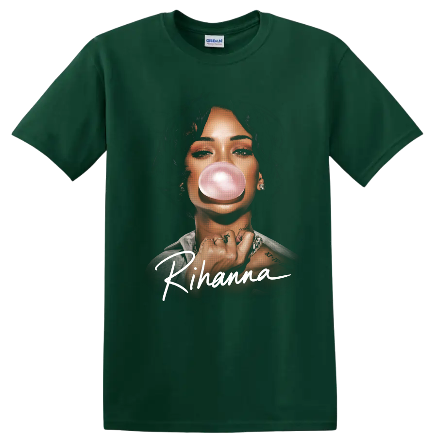 Rihanna pop-art portrait blowing a pink bubble with signature lettering on a Forest Green T Shirt