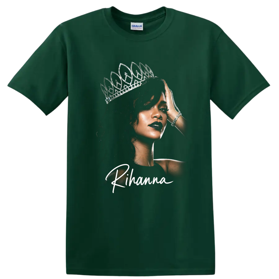 Rihanna portrait with silver crown and white script design on a Forest Green T Shirt