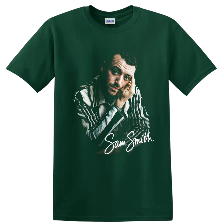 Sam Smith portrait fan art with handwritten signature on a Forest Green T Shirt