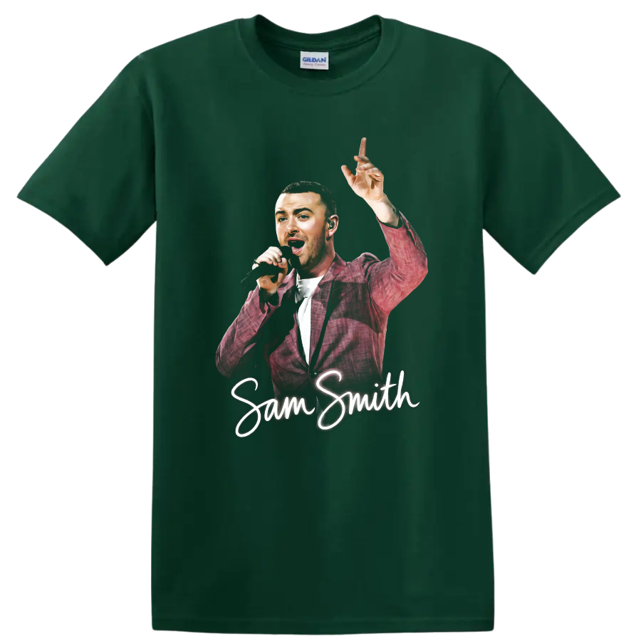 Sam Smith performing with microphone and raised hand, script name design on a Forest Green T Shirt