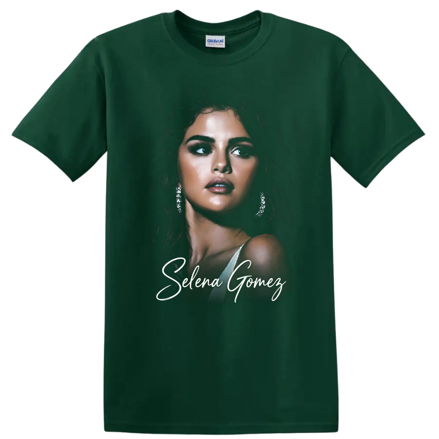 Selena Gomez glamorous digital portrait with white script lettering on a Forest Green T Shirt