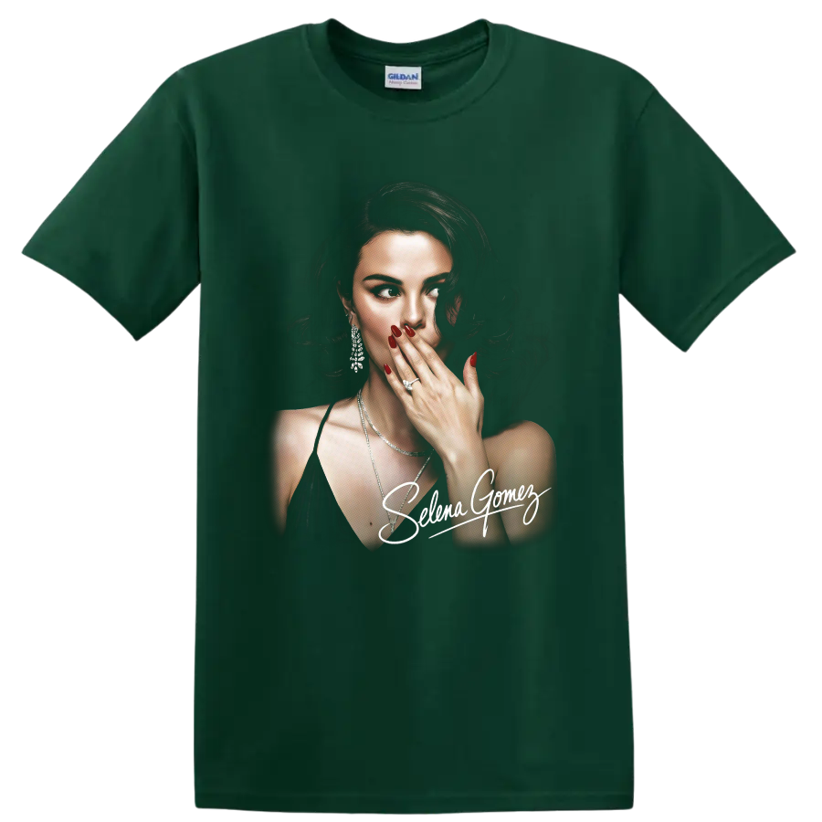 Selena Gomez portrait digital illustration with signature on a Forest Green T Shirt