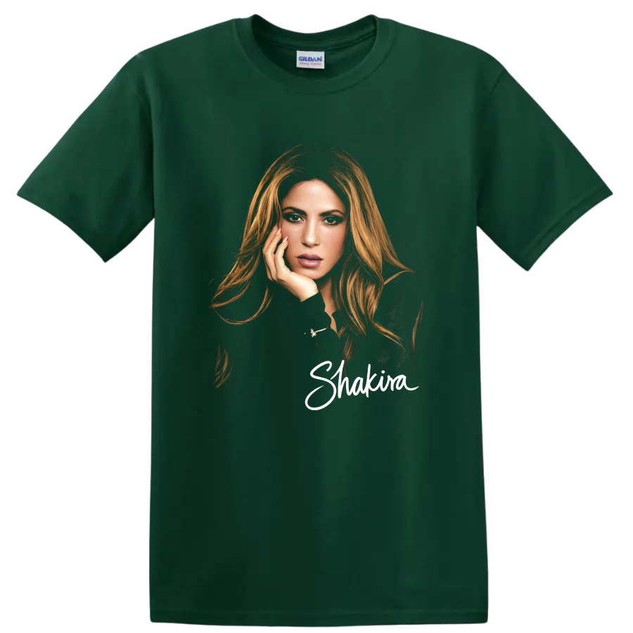 Shakira portrait fashion illustration with white script name on a Forest Green T Shirt