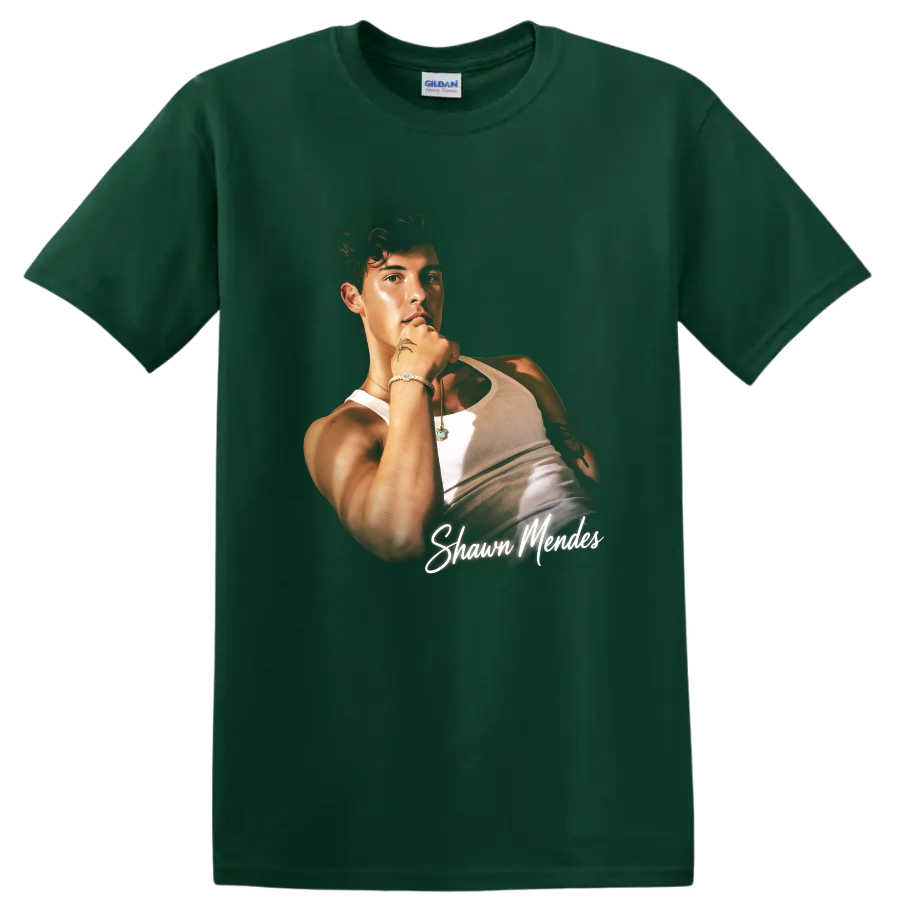Shawn Mendes portrait fan art with white script lettering on a Forest Green T Shirt