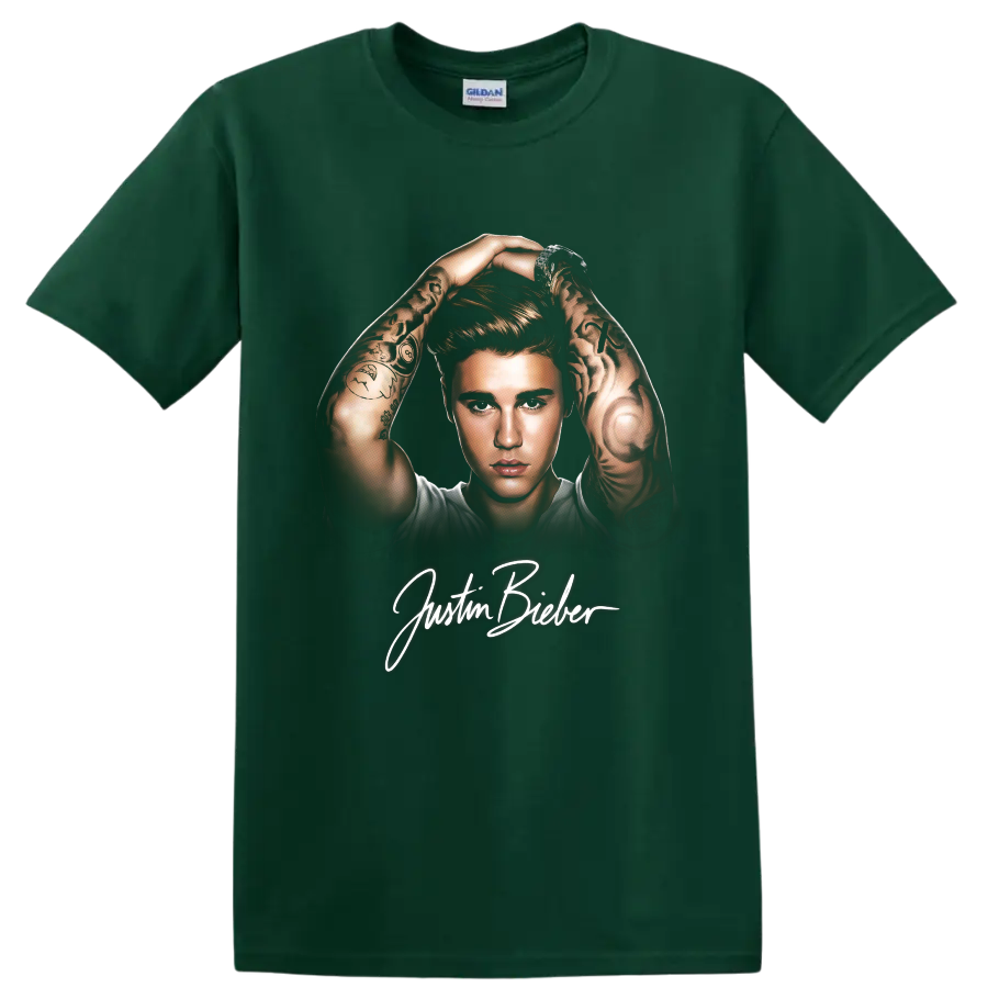 Justin Bieber pop-art portrait with tattooed arms and signature text on a Forest Green T Shirt