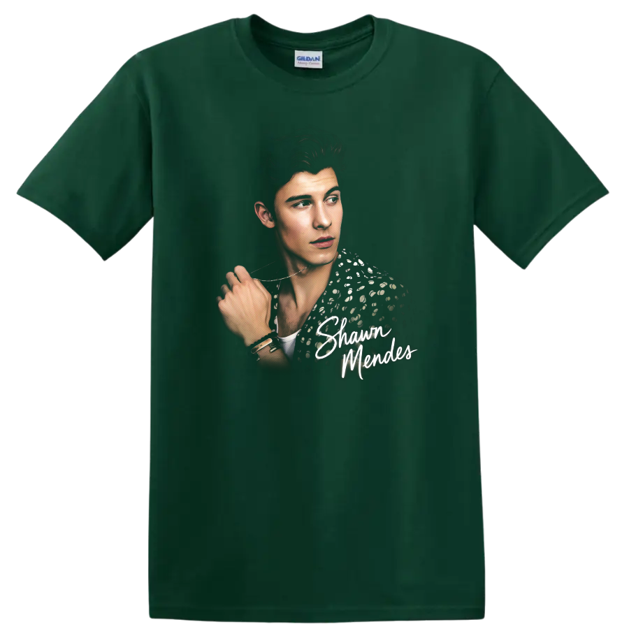 Shawn Mendes portrait graphic with script lettering and patterned jacket on a Forest Green T Shirt