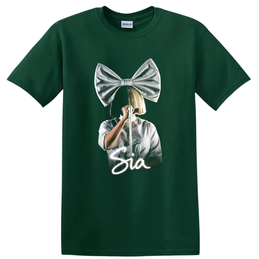 Sia-inspired pop singer with oversized bow and microphone graphic on a Forest Green T Shirt