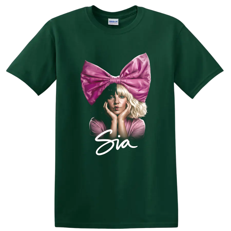 Sia fan art portrait with oversized pink bow and white script on a Forest Green T Shirt