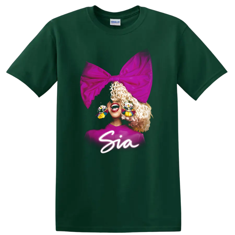 Sia pop star portrait with oversized pink bow and colorful earrings on a Forest Green T Shirt