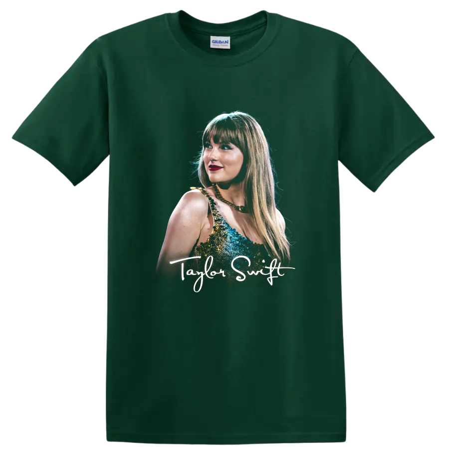 Taylor Swift Eras Tour portrait graphic with signature script on a Forest Green T Shirt