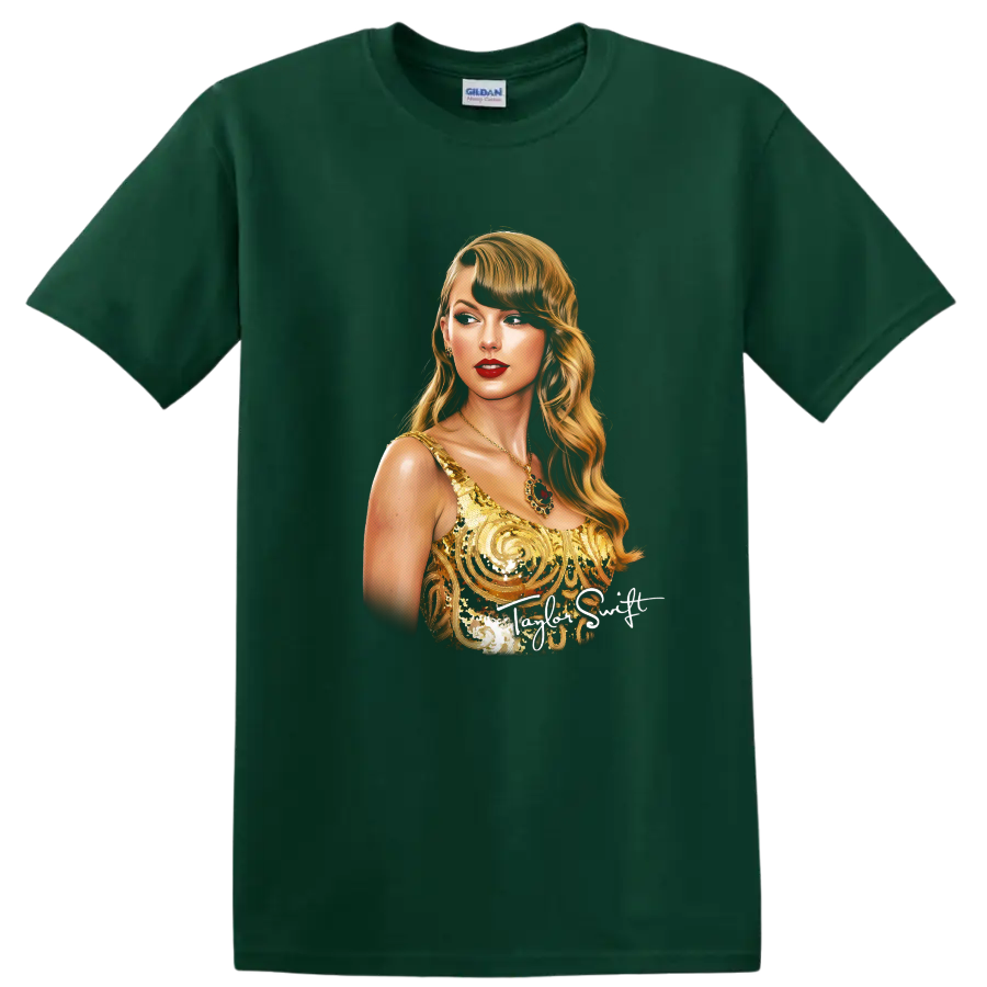 Taylor Swift Fearless era gold dress digital portrait with Taylor Swift text on a Forest Green T Shirt
