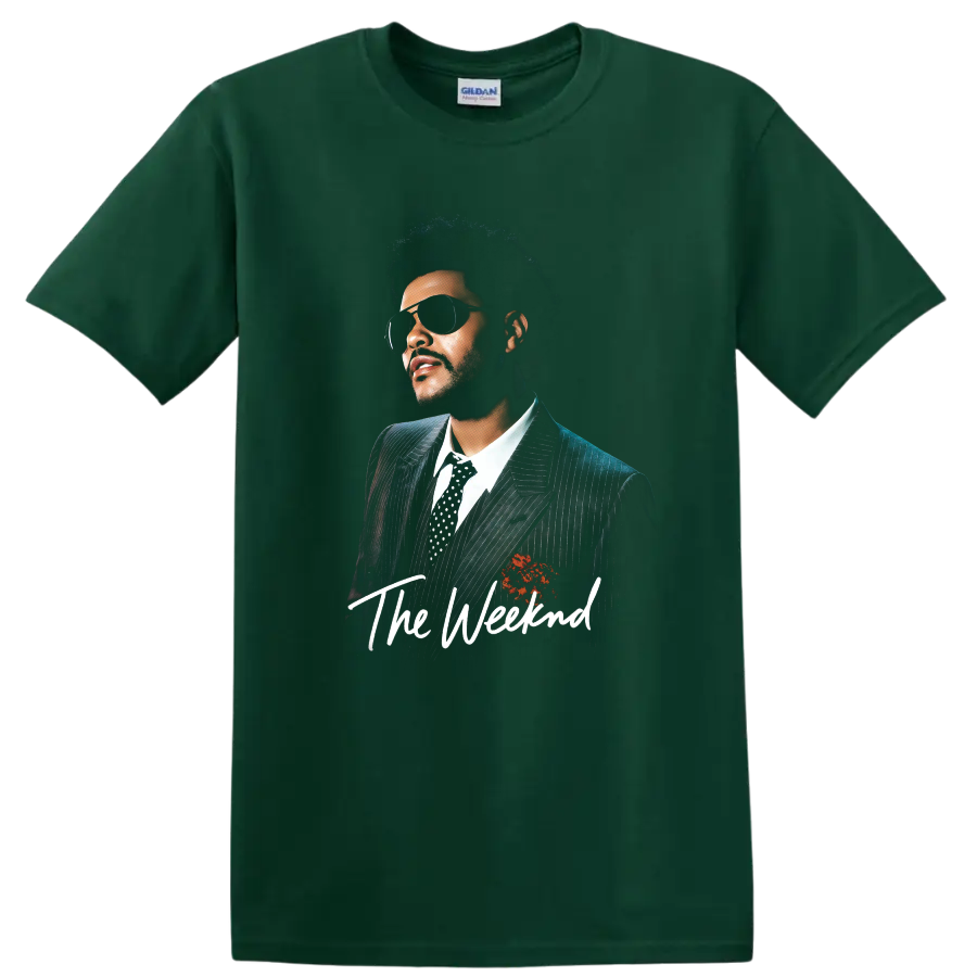 The Weeknd portrait graphic with sunglasses, pinstripe suit, and script text on a Forest Green T Shirt
