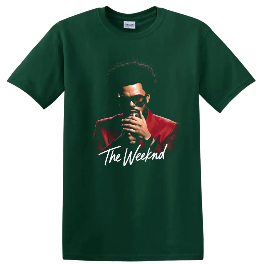 The Weeknd After Hours digital portrait in a red suit with script text on a Forest Green T Shirt