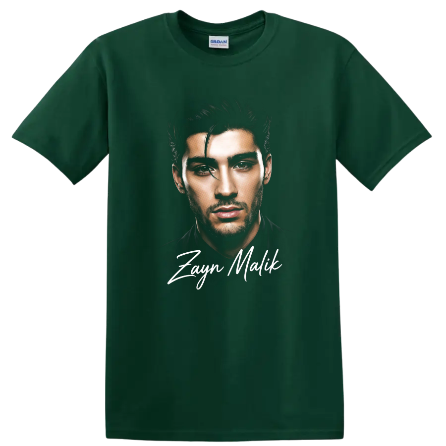 Watercolor-style Zayn Malik portrait with handwritten name lettering on a Forest Green T Shirt