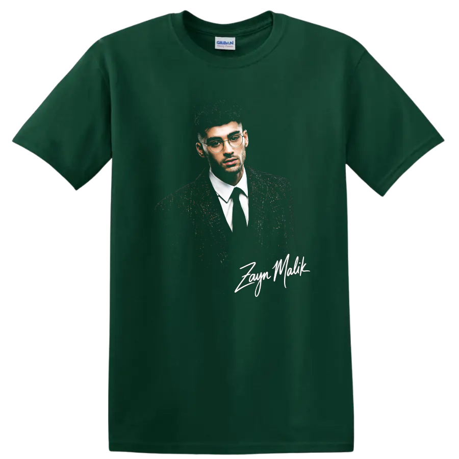 Zayn Malik portrait graphic print with signature text on a Forest Green T Shirt