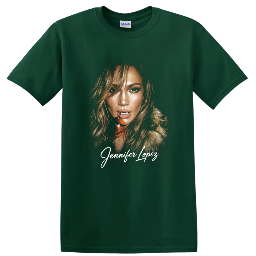 Jennifer Lopez stylized pop star portrait with signature script on a Forest Green T Shirt