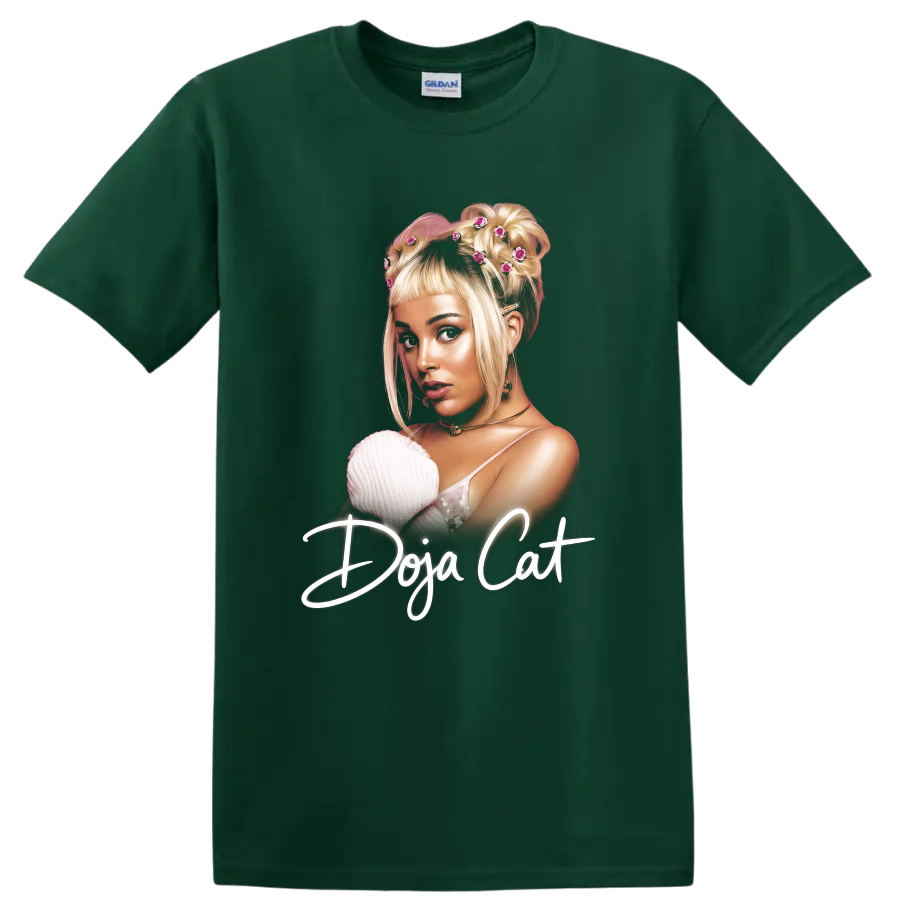 Doja Cat Y2K digital portrait with floral hair details and script text on a Forest Green T Shirt
