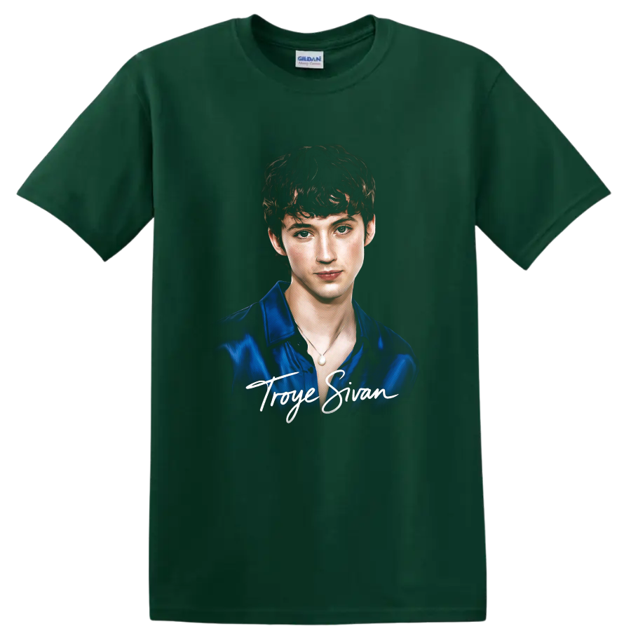 Troye Sivan portrait graphic with white script name lettering on a Forest Green T Shirt