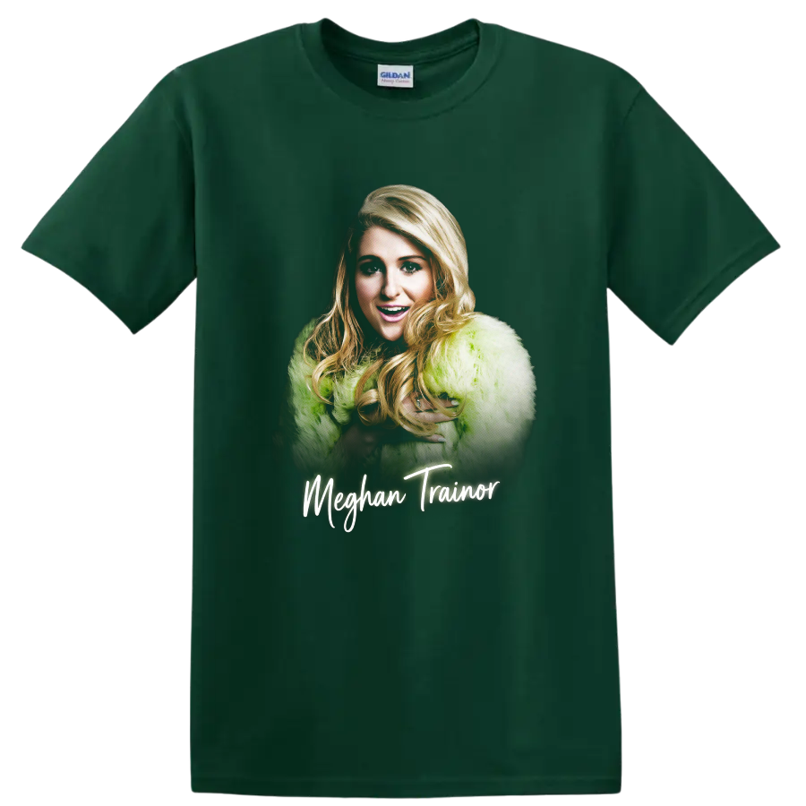 Meghan Trainor portrait graphic with lime green coat and script name on a Forest Green T Shirt