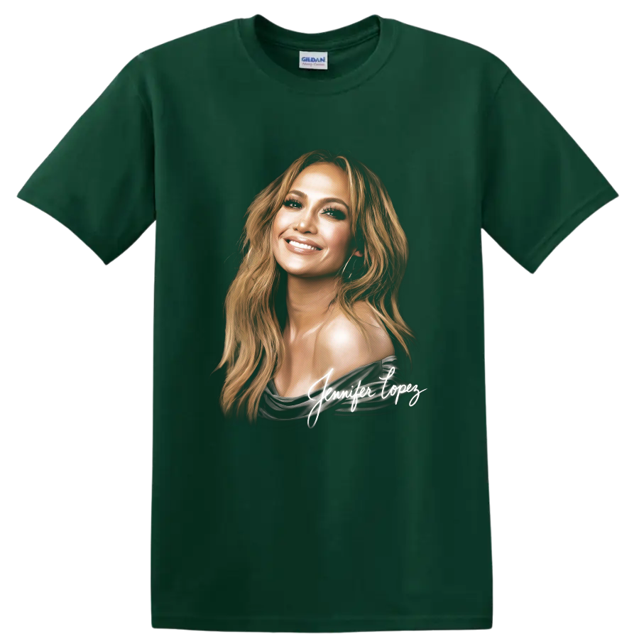 Jennifer Lopez stylized portrait with white signature artwork on a Forest Green T Shirt