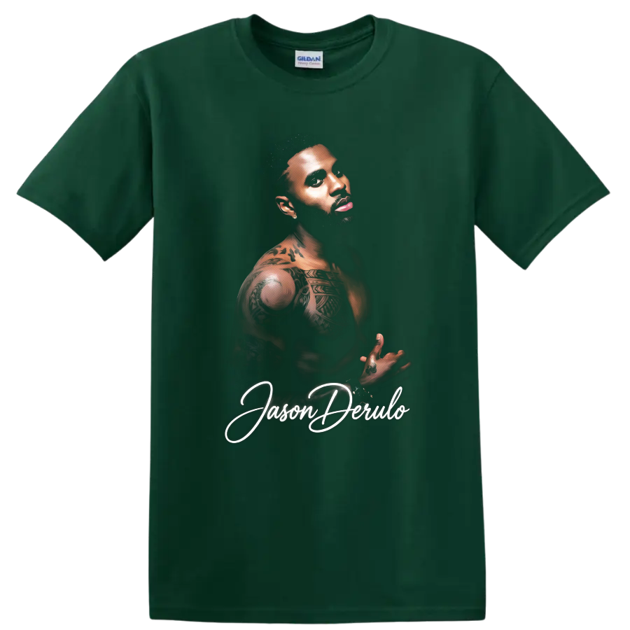 Jason Derulo tattooed portrait with white script lettering on a Forest Green T Shirt