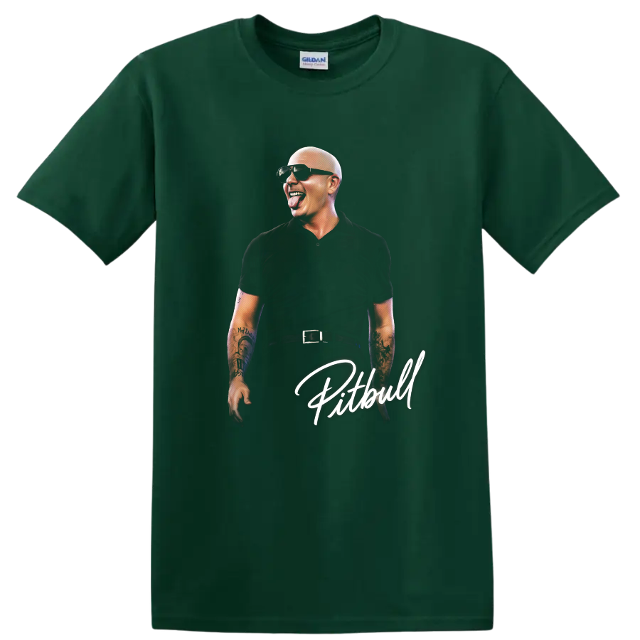 Pitbull portrait graphic with sunglasses, tattoos, and white script lettering on a Forest Green T Shirt