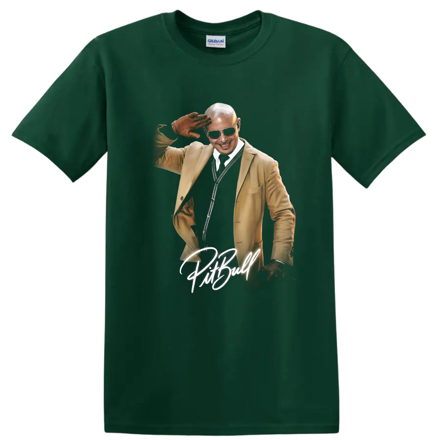 Pitbull GTA-inspired illustrated portrait with handwritten name on a Forest Green T Shirt