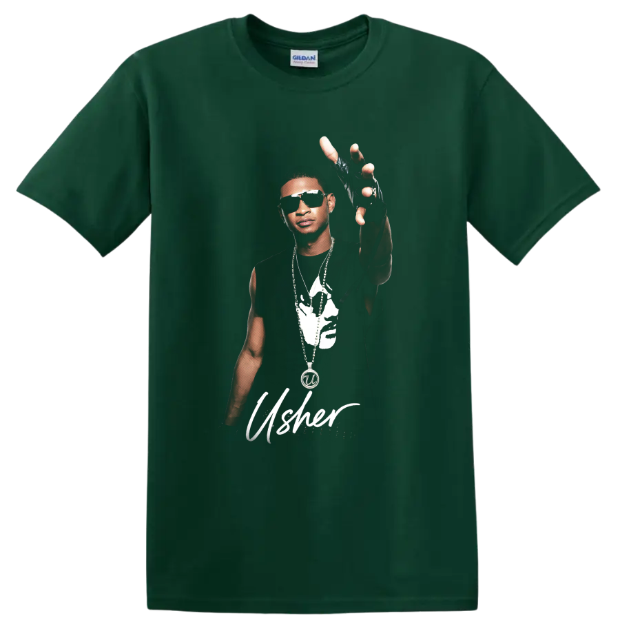 Usher portrait graphic with sunglasses, jewelry, raised gloved hand, and script on a Forest Green T Shirt