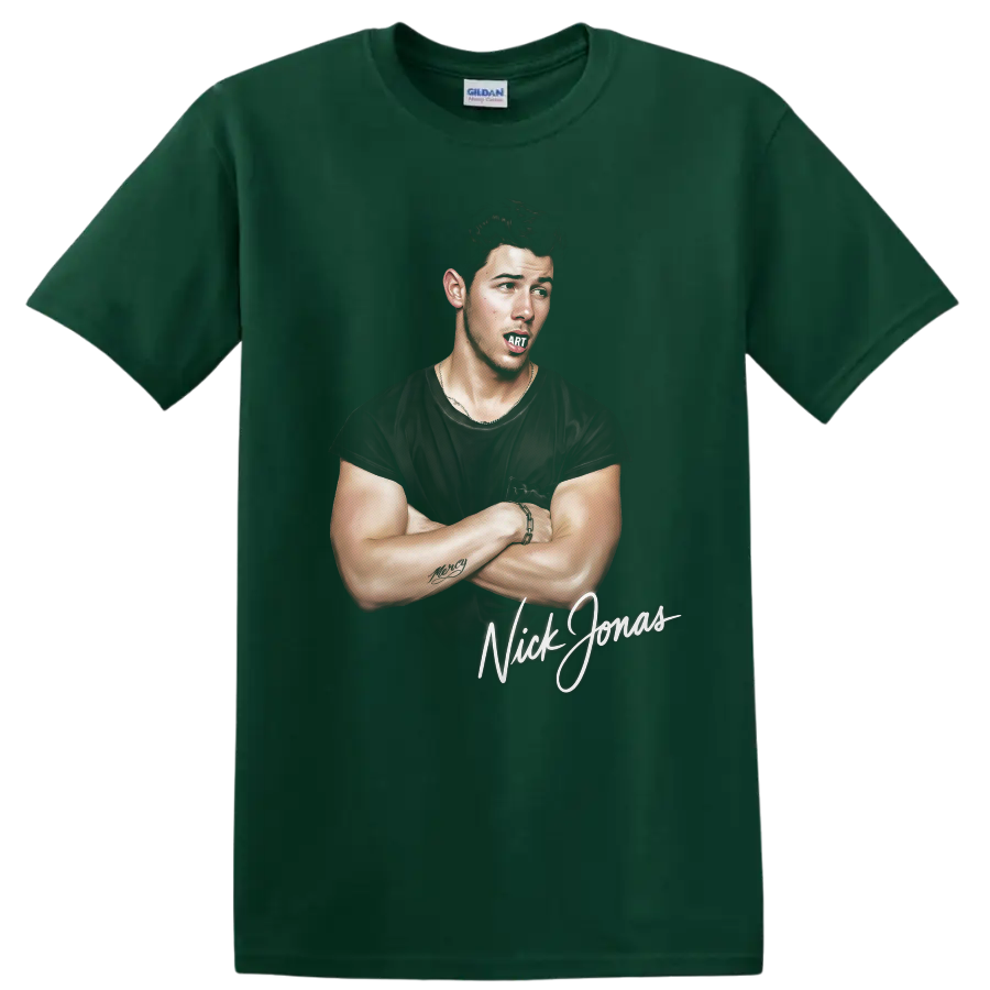 Nick Jonas illustrated portrait graphic print with script lettering on a Forest Green T Shirt