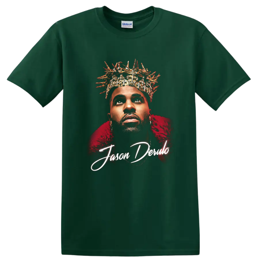Jason Derulo crowned portrait with Nu King script graphic design on a Forest Green T Shirt