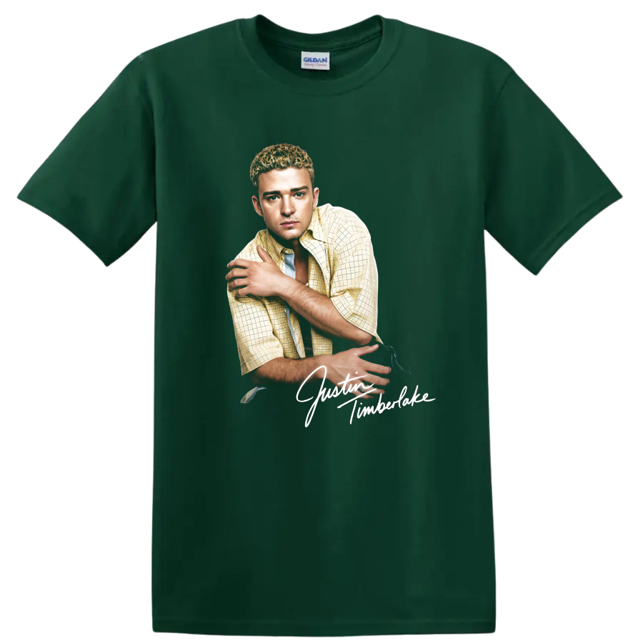 Justin Timberlake portrait graphic with white script lettering on a Forest Green T Shirt