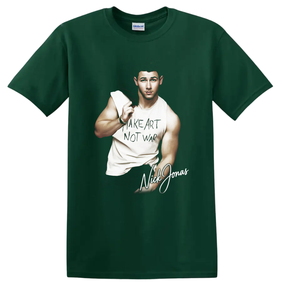 Nick Jonas FHM China portrait with Make Art Not War graphic on a Forest Green T Shirt