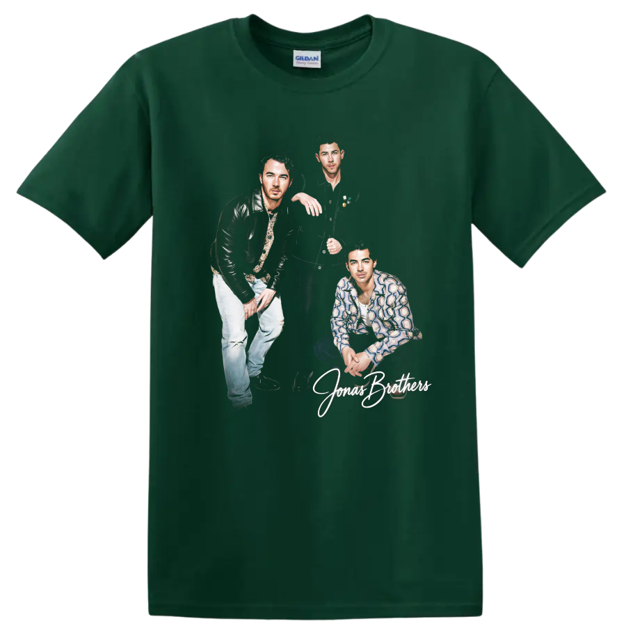 Nick Jonas and Jonas Brothers portrait graphic with script lettering on a Forest Green T Shirt
