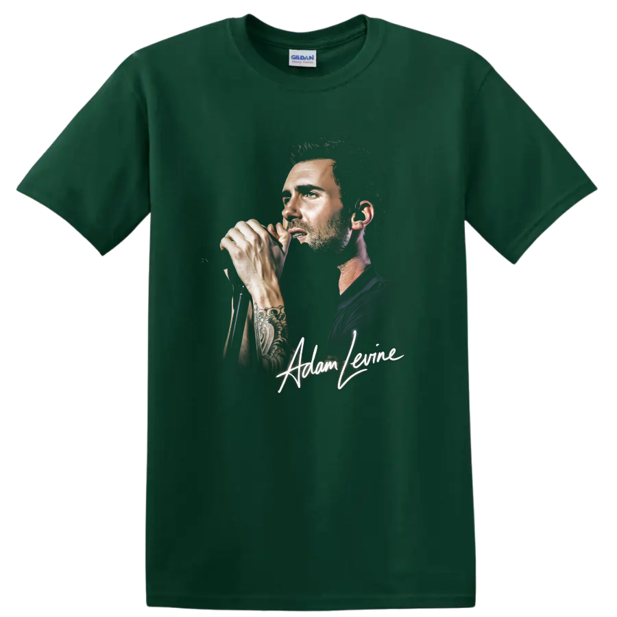 Adam Levine portrait singing into a microphone with signature graphic on a Forest Green T Shirt