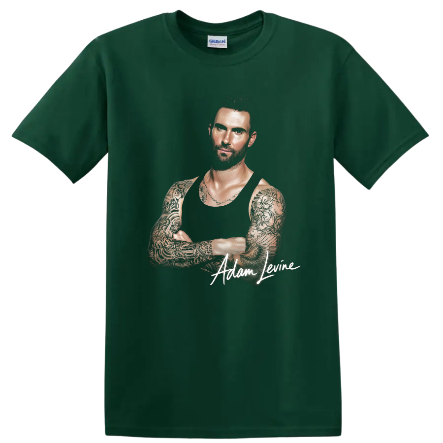 Adam Levine tattoo portrait with signature graphic on a Forest Green T Shirt