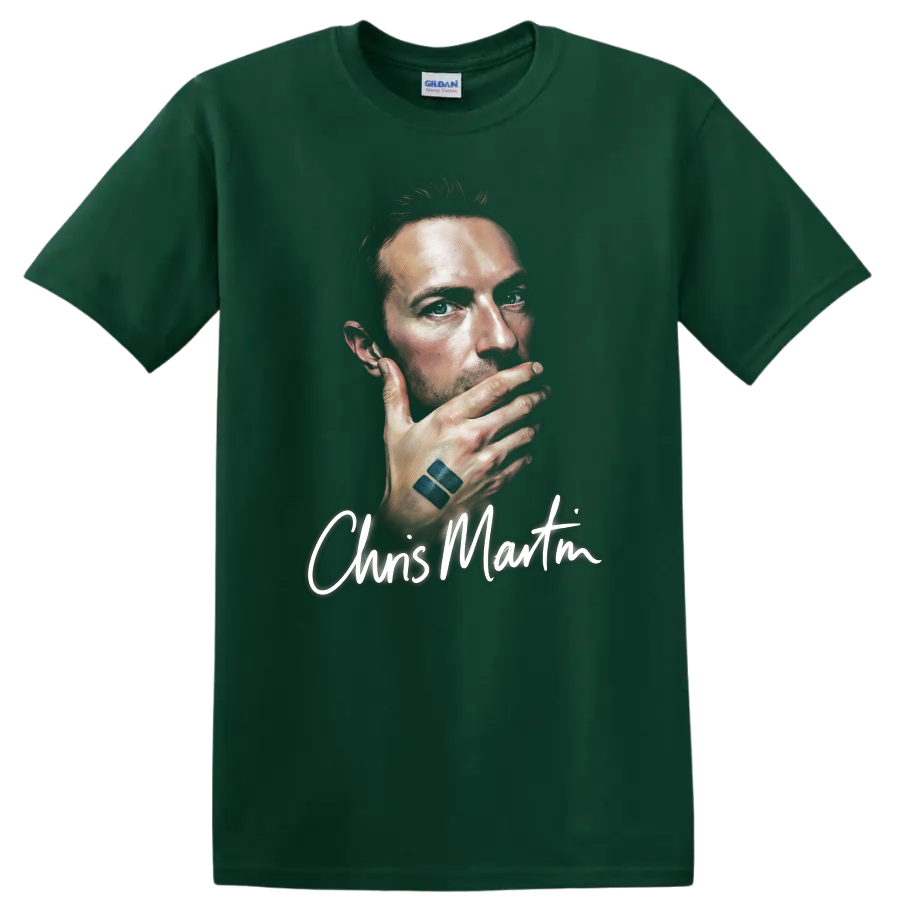 Chris Martin portrait graphic print with handwritten name lettering on a Forest Green T Shirt