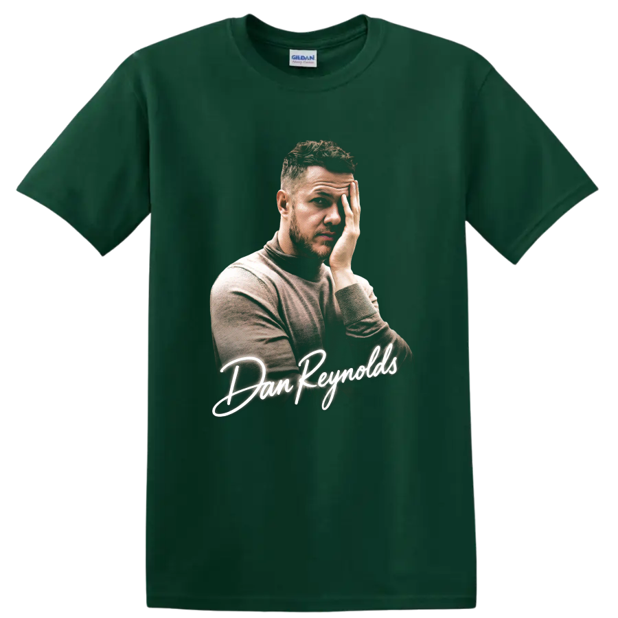 Dan Reynolds portrait with white script lettering on a Forest Green T Shirt