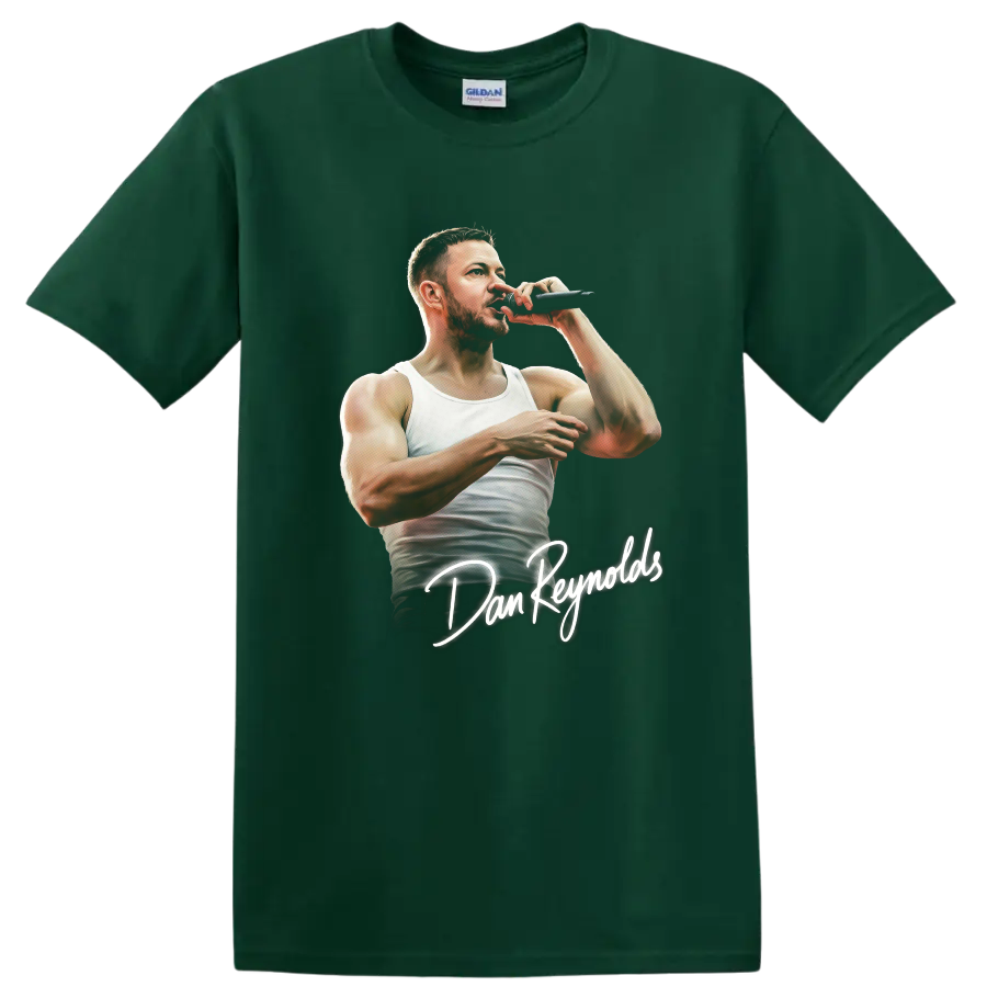 Dan Reynolds performing with microphone, illustrated portrait with handwritten name on a Forest Green T Shirt