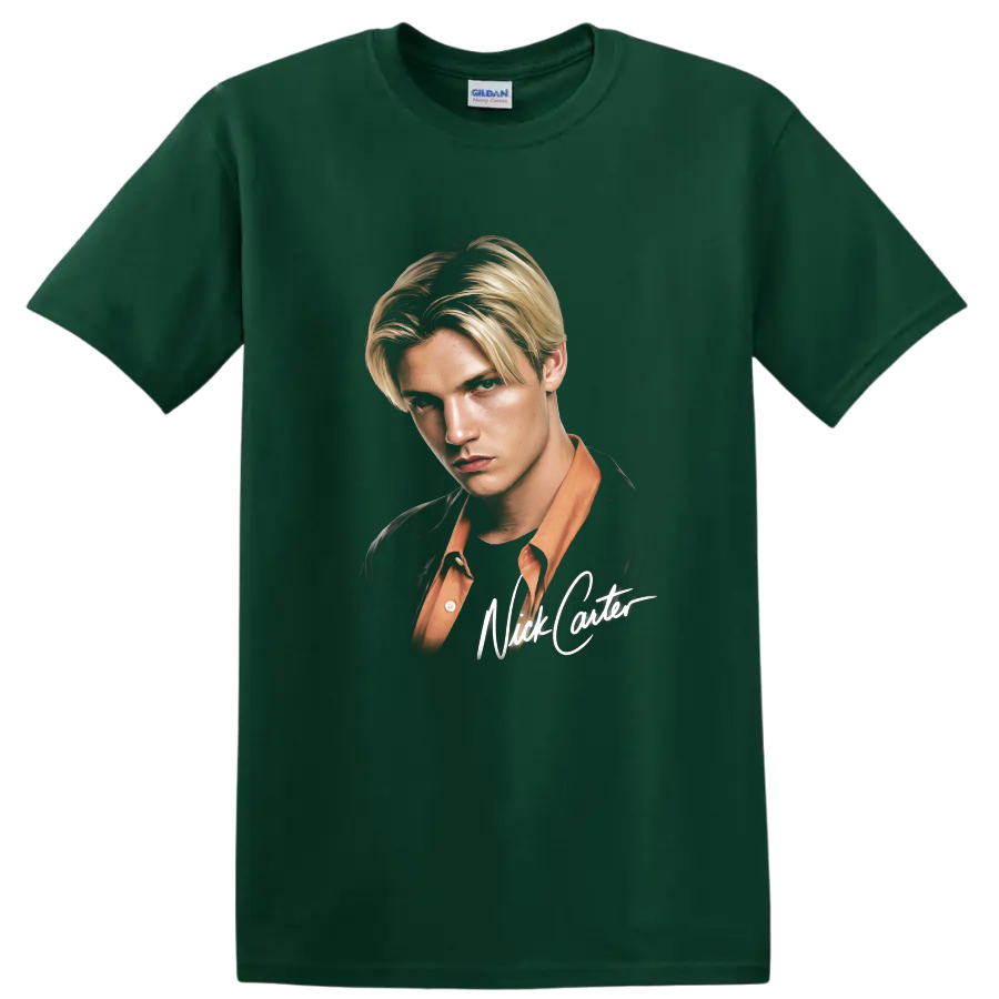 Nick Carter portrait with signature-style lettering on a Forest Green T Shirt