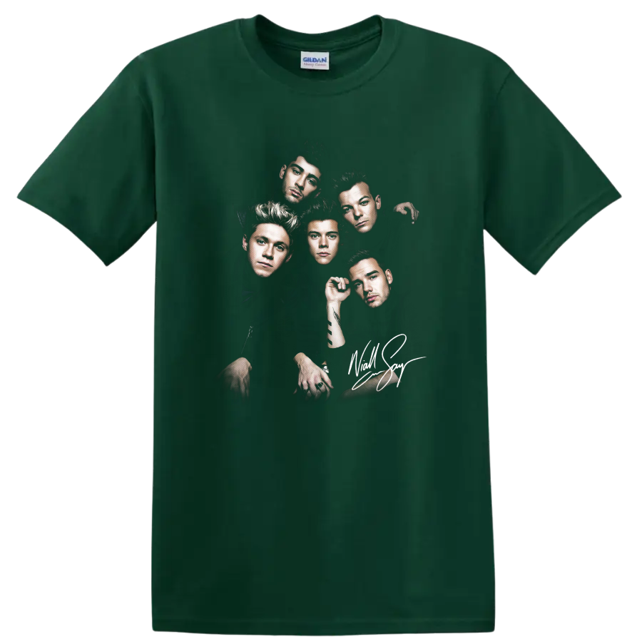 One Direction five-member band portrait with dramatic dark graphic design on a Forest Green T Shirt
