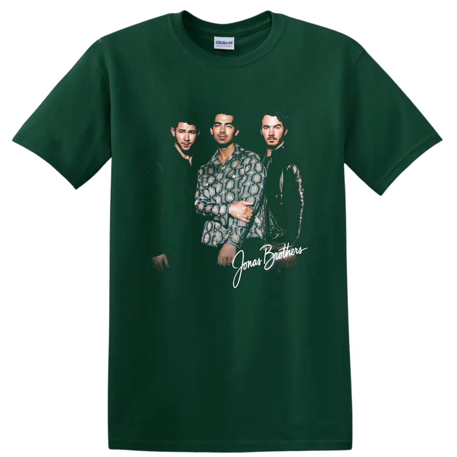 Jonas Brothers portrait graphic with Nick, Joe, and Kevin and script lettering on a Forest Green T Shirt
