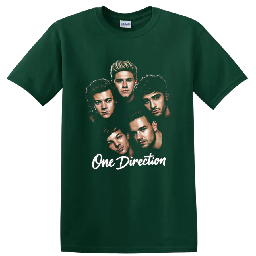 One Direction five-member illustrated fan art with script lettering on a Forest Green T Shirt