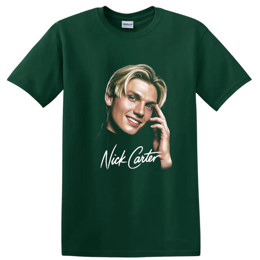 Nick Carter illustrated portrait with white script lettering on a Forest Green T Shirt