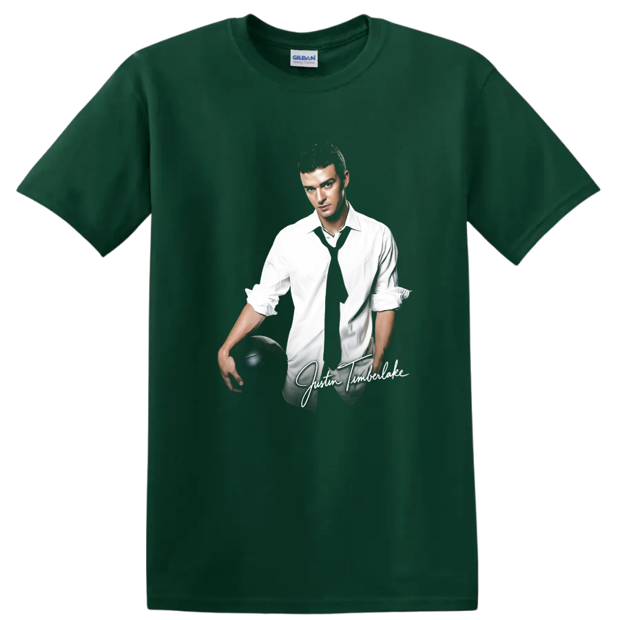 Justin Timberlake portrait in white shirt and black tie holding soccer ball on a Forest Green T Shirt