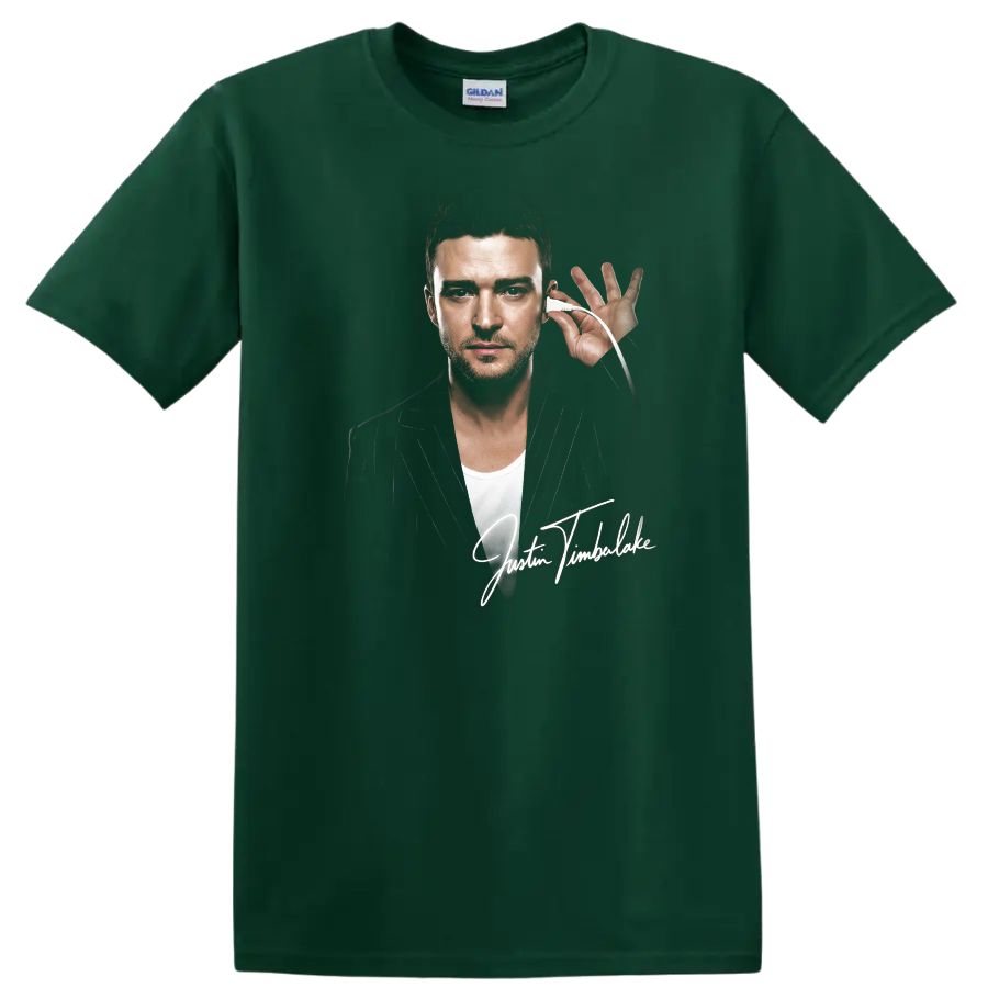 Justin Timberlake portrait graphic with signature and pinstripe jacket on a Forest Green T Shirt